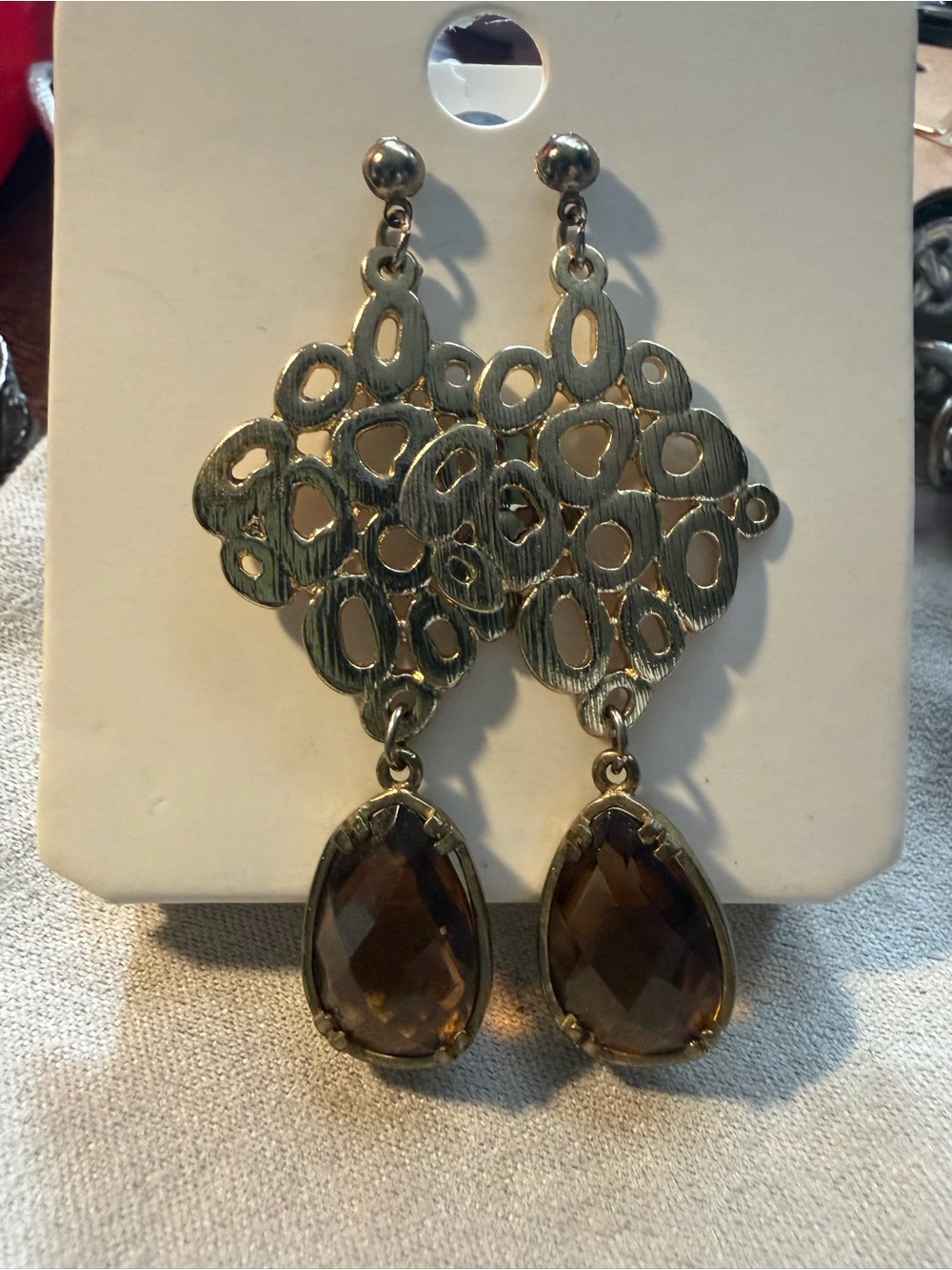 Dangling Teardrop Drop Earrings in Smoky Brown and Antiqued Gold